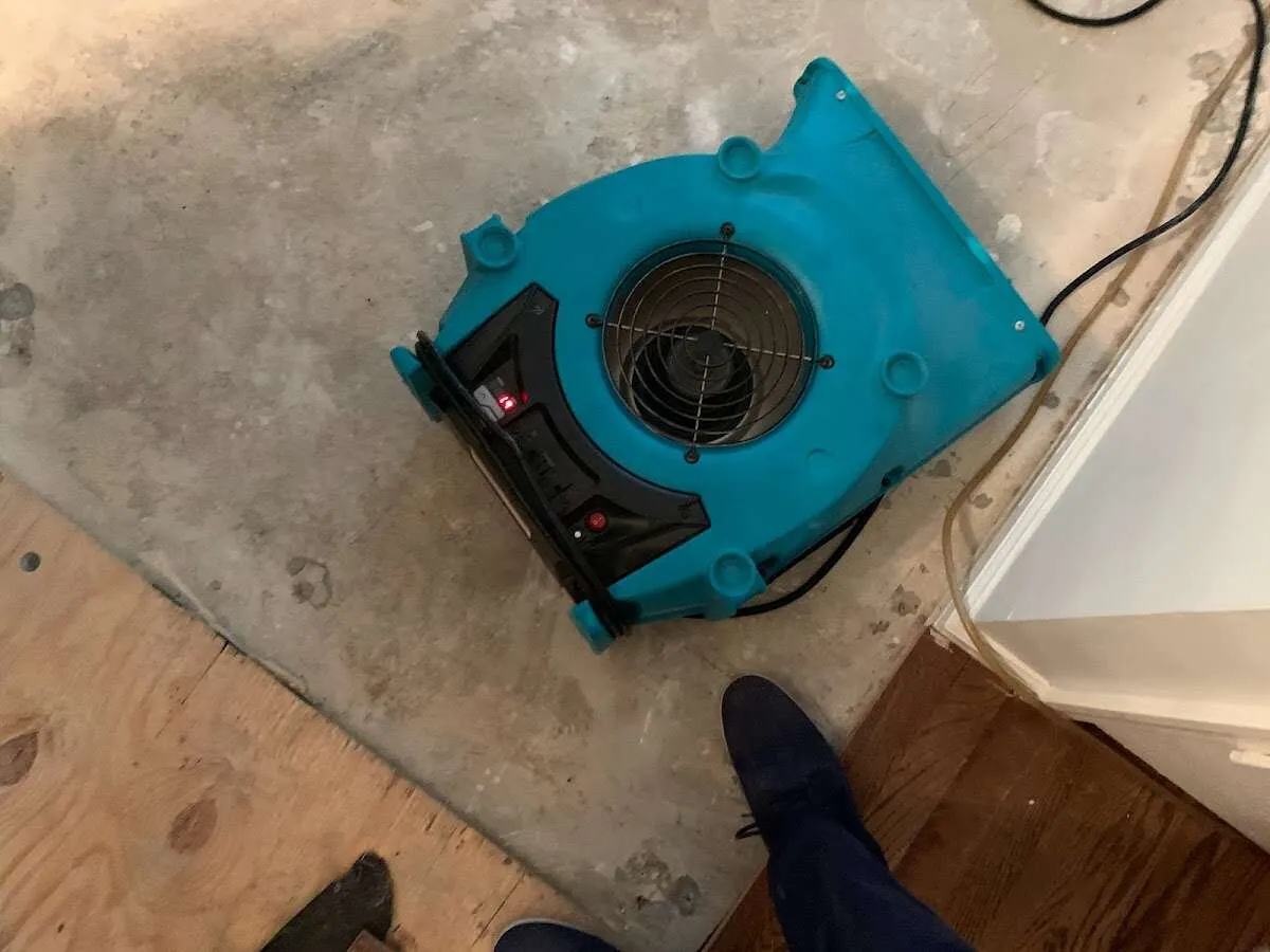 Air mover drying subfloor during Leak Detection & Repair in McDonough